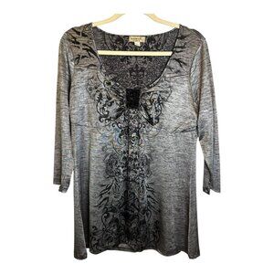 One World Blouse Women's Size Large Silver‎ Metallic Beaded 3/4 Sleeves